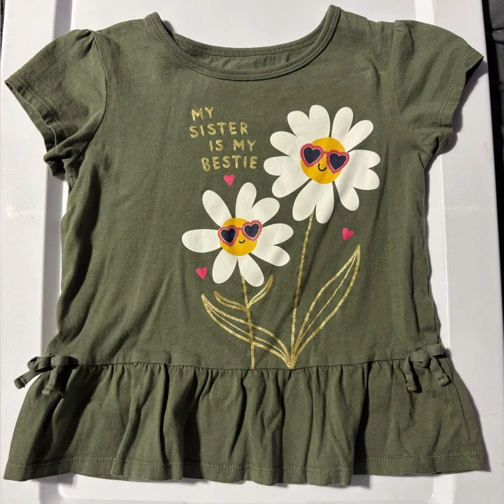 Carters Glitter Daisy Peplum My Sister is My Bestie Green Jersey Shirt Girls 5t